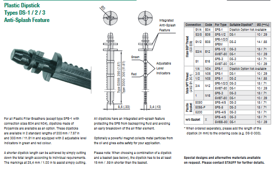 DS Series Dipsticks for Filler Breathers